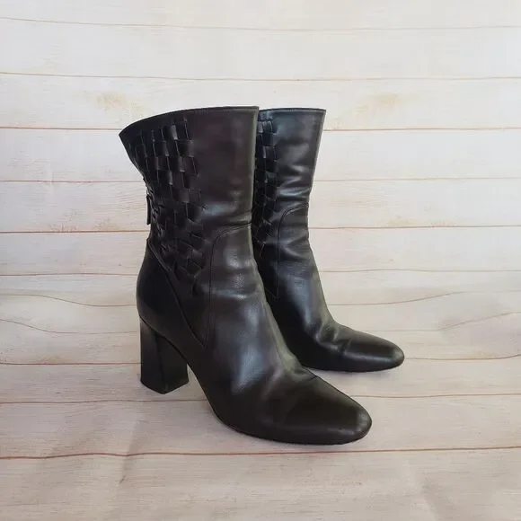 Bellofatto Leather Woven Detail Almond Toe Heeled Boots Booties Black Size 38